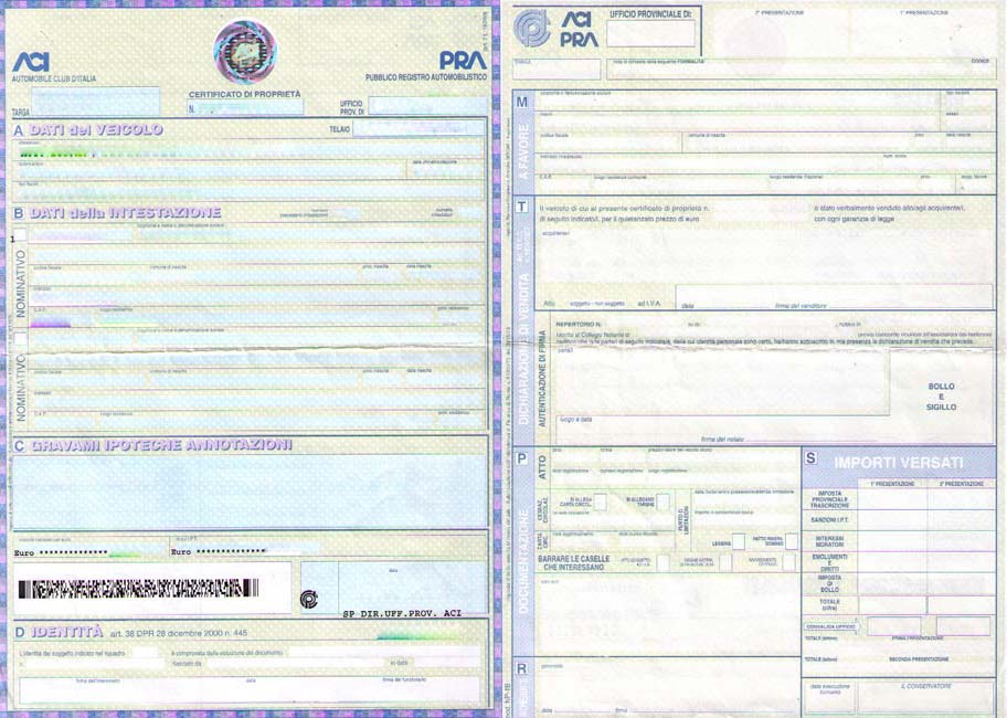 Il certificato di proprietà dell'auto