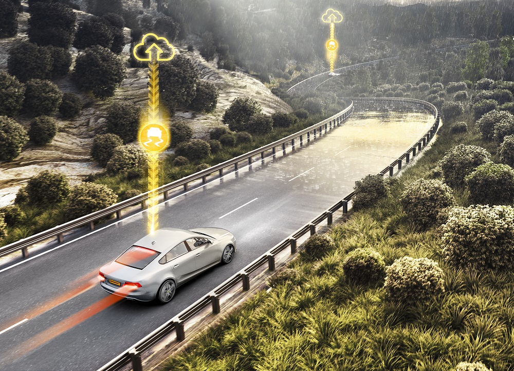 Come funziona il sistema eHorizon: analizza il percorso e le condizioni di superficie della strada e interagisce con il sistema di controlloCome funziona il sistema eHorizon: analizza il percorso e le condizioni di superficie della strada e interagisce con il sistema di controllo